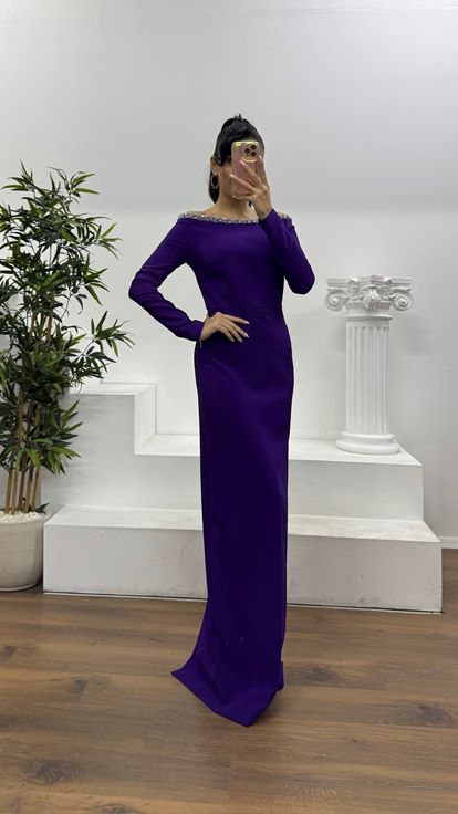 Mor Yaka İşlemeli Özel Tasarım Abiye Elbise